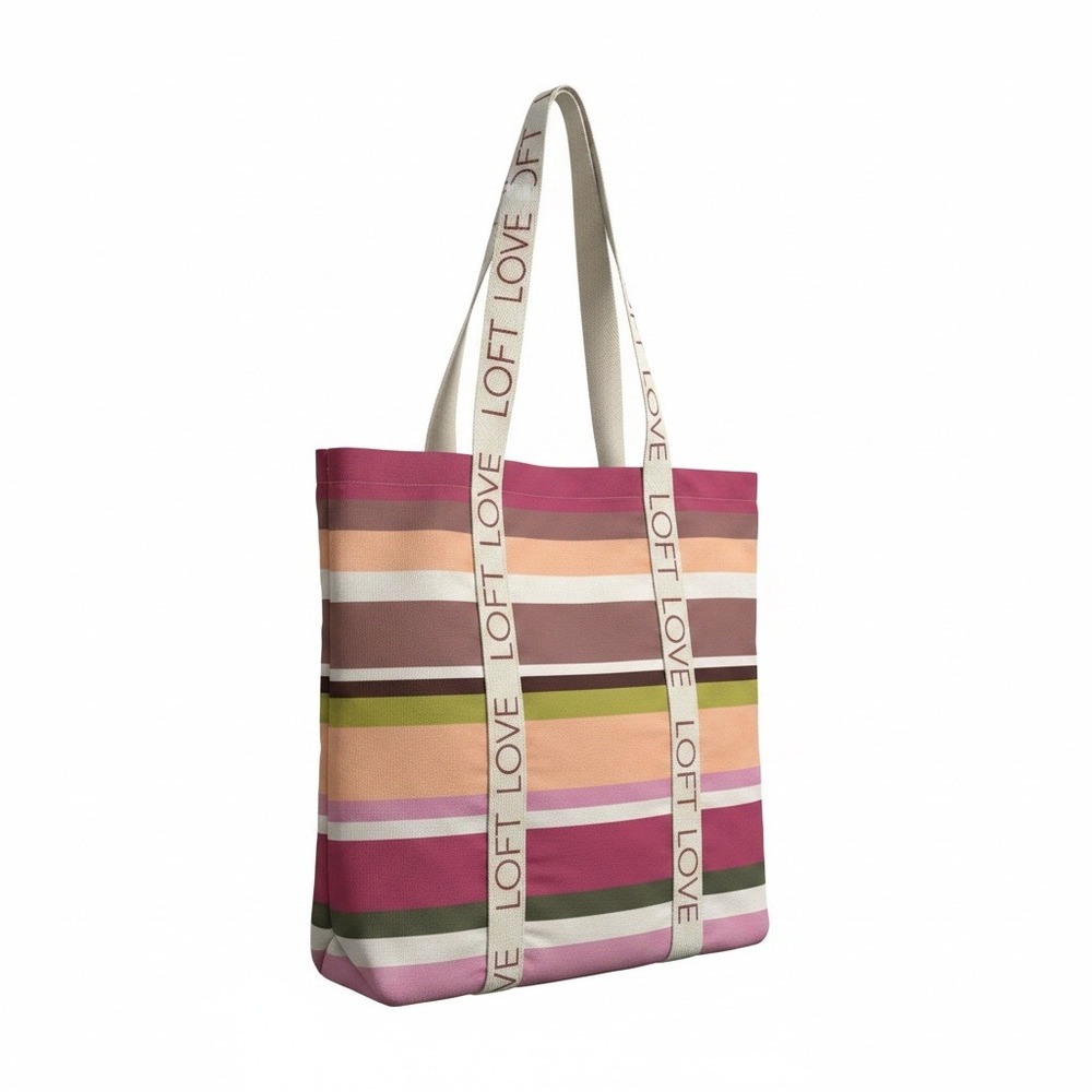 LOFT Love Logo Striped Canvas Tote Bag Multicolor‎ Pink Orange Summer 26 Pocket